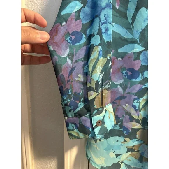 Soft Surroundings Floral Blouse Womens Medium Teal Boho Button Front Tunic Top - Picture 2 of 6
